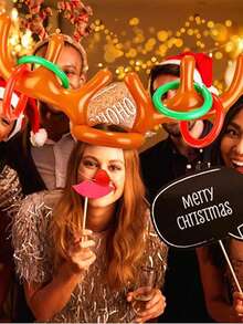 4件套圣诞游戏，充气驯鹿角套圈游戏，圣诞袜填充物，充气驯鹿角套圈游戏，圣诞派对驯鹿角帽游戏，适合家庭，圣诞派对游戏，趣味圣诞礼物，嘉年华假日家庭游戏 - 彩色 - 查看 6