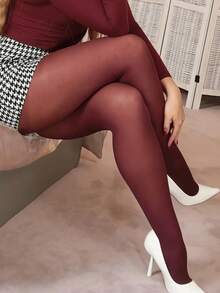 1pc Solid Color Everyday Basic Tights, Cozy - Burgundy - View 2
