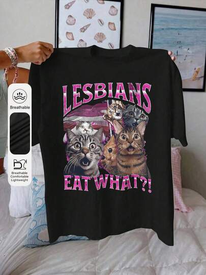 Tricou de vară pentru femei, plus mărime, cu litere, pisică, model, imprimare, casual, simplu, lejer, zilnic, guler rotund, mânecă scurtă, topuri