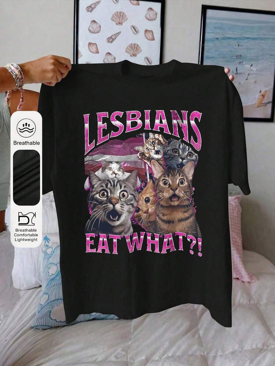 Women's Summer Plus Size Letter Cat Pattern Printing Casual Simple Loose Daily Round Neck Short Sleeve T-Shirt Tops Women's Summer Plus Size T-Shirt Tops - Black - View 1