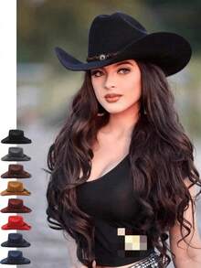 1 pieza Sombrero de fieltro estilo vaquero unisex, sombrero casual de ala ancha estilo western, sombrero de fiesta de jazz hecho a mano con diseño tejido de ojo - Multicolor - Ver 12