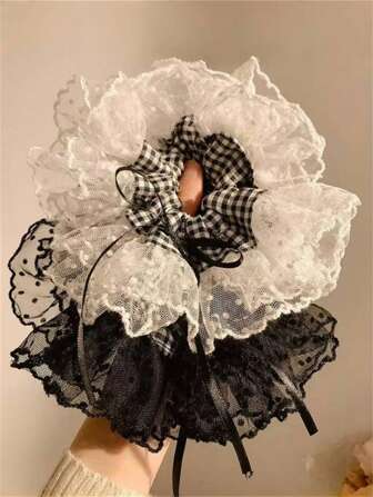 1 件/2 件女士复古蕾丝波尔卡圆点蝴蝶结发圈，发饰甜美马尾辫发髻夹优雅百搭发圈，适合日常使用，马尾辫夹，发圈，洗脸