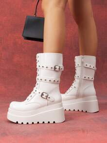 DREAM PAIRS Women's Platform Mid-Calf Boots Cyberpunk Combat Style Multiple Buckle Straps Round Toe Side Zipper Anti-Slip Thick Heel Outdoor Halloween Chunky Heel Party Music Festival Party WHITE Boots - 白色 - 查看 4