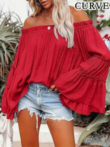 Whisplicity Plus Size Women's Solid Color Open Shoulder Flare Sleeve Blouse Spring Red Casual - Red - View 5