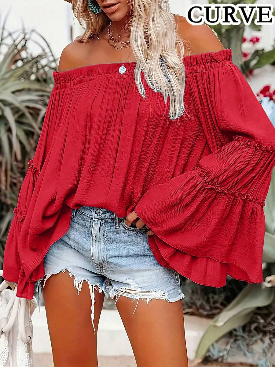 Plus Size Women's Solid Color Open Shoulder Flare Sleeve Blouse Spring Red - Red - View 1