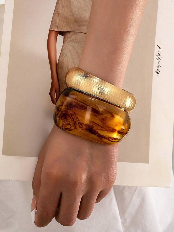 1/2pcs Vintage Oversized Metal Textured Resin Bangle Bracelet, Versatile Jewelry Gift For Women, Daily & Holiday Wear