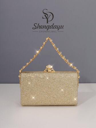 حقيبة كلاتش ذات لمعة ذهبية مرصعة بالراين من الجانب الواحد، حقيبة كروس بسلسلة معدنية، مناسبة لحفلات المساء والزفاف والمناسبات الرسمية الأخرى. هدية للنساء، حقيبة مسائية لإطلالة رأس السنة