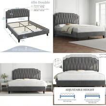 4ft6 Double Upholstered Bed Frame With Adjustable Button Tufted Headboard Veet Fabric Sturdy Wooden Slat Port No Box Spring Needed Dark Grey - DarkGrey - View 1