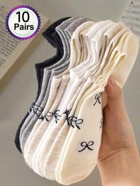 10 Pairs Women's Cute Bow Minimalist Boat Socks, Invisible Socks, Suitable For Spring/Summer
