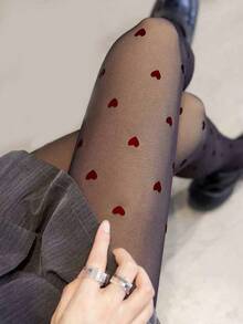 1 Pair 200g Autumn And Winter Simple Tight Weight Loss Pantyhose, Even Size Tights, Warm Tights, Women's Velvet Warm Stockings, High-Waisted Elastic Weight Loss Sexy Semi-Transparent Pantyhose, Tight Underwear, Star Love Polka Dot Bow Multi-Pattern Styles - Black - View 5