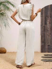 conjunto de 2 piezas Sin Mangas Con Top De Encaje Recortado Y Tela Texturizada Para Mujer - Beis - Ver 3