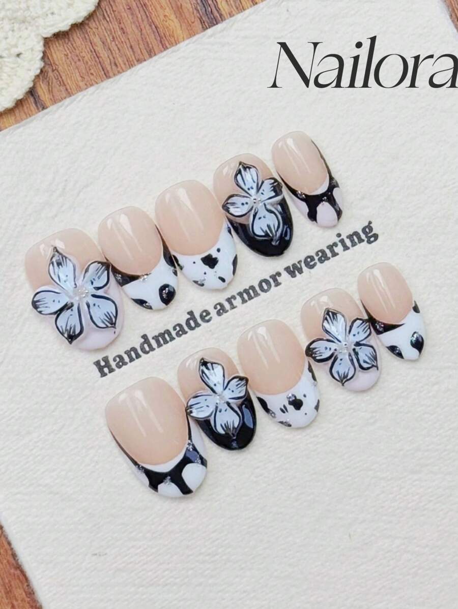 10 件/套黑白指甲法式指甲手绘圆点赫拉特 3D 雕刻花朵图案指甲小珍珠宝石和饰物指甲，椭圆形按压指甲短全覆盖手工指甲片，极简主义简约优雅风格按压指甲手工可穿戴假指甲，日常美甲 DIY 夏季指甲作为礼物适合女性和女孩美甲指甲用品