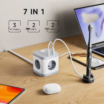 En 300 cm/118 tums europeisk stil, envåningstorn med 7-i-1-kontakt, PC-material, 2 USB-A-portar och 2 USB-C-portar, tredimensionell strömbrytare i ett stycke, jordningsskydd, halkfri dyna 16A 3680W, vit, lämplig för kontor, mötesrum hemma, spelrum, strömförlängningskabel, grenuttag