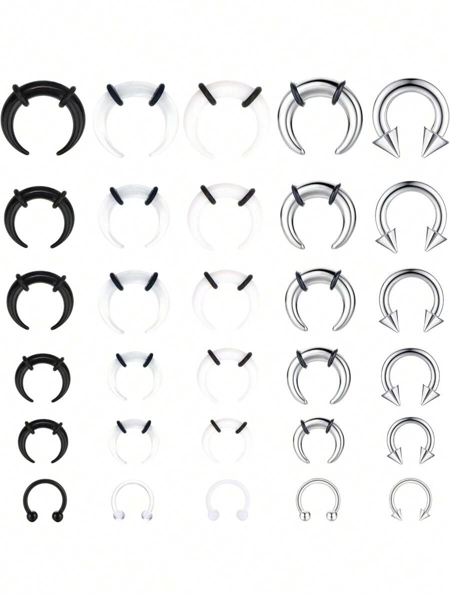 Milacolato 30Pcs Septum Pincher Tapers 16G 14G 12G 10G 8G 6G Horseshoe Septum Rings Acrylic Stainless Steel C Shape Septum Piercing Jewelry Nose Ear Cartilage Septum Stretching Kit For Women Men