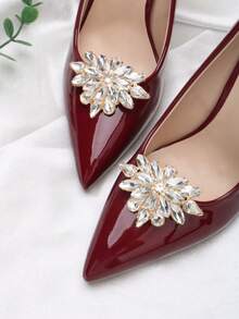 زوج واحد (2 قطعة) من الأحذية المزينة بالراين والزجاج والمعدن باللون الأبيض والذهبي بأشكال الزهور والمثلثات والنجوم قابلة للفصل، إكسسوارات أنيقة للأحذية للنساء ذات الكعب العالي والكعب المدبب والأحذية المكتبية - الذهبي - مشاهدة 2