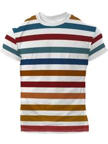 2025 Vintage Striped Digital Print Pattern Men's Round Neck Mesh Fabric Short Sleeve T-Shirt, Street Style - Multicolor - View 5