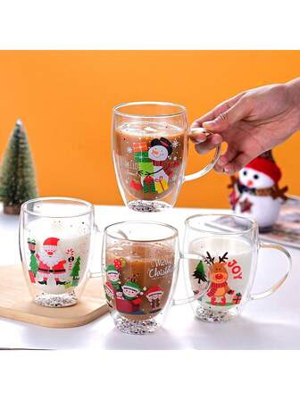 1pc, 350ml, Double-Wall Glass Cup With Handle, Heat Insulated, Santa Claus - Reindeer - Snowman Christmas Gift, Christmas, Simple & Lightweight Glass Cup, Mug, Coffee Cup, Holiday Essential, Camping Gear