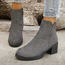 Women's Round Toe Chunky Heel Mid-Heel Side Zipper Elegant Ankle Boots, Fashion Suede High Heel Dress Boots - Grey - View 2