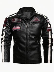 Men's PU Leather Jacket, Contrast Color Design With Thermal Lining, Motorcycle Racing Style Outerwear, Fashionable For Autumn/Winter - Black - View 11