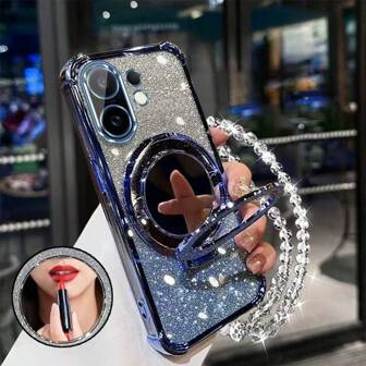 New Phone 17 Four Corner Anti Drop Case+Sparkling Pink Paper Pearl Hanging Rope Sparkling Pink Circular Makeup Mirror Magnetic Bracket Integrated Phone Case Compatible With IPhone 17 Pro 16 Pro Max Air Compatible With Samsung Galaxy S25/S25Plus/S25Ultra A07 A17 XM HW Redmi A5 Oppo