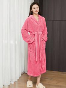 女士珊瑚绒连帽浴袍，长款，多种颜色可选，男女通用，3D菠萝图案设计，柔软蓬松保暖，带腰带和口袋，女士家居服，休闲服，可作毛巾、浴袍、女士浴巾使用，超柔软绒毛