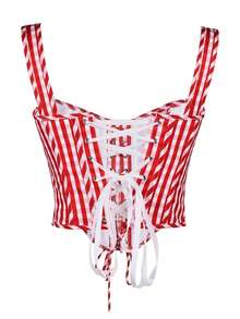 Apperloth A Sexy Red Plaid Going Out Tops Women's Boned Corset Cute Crop Cami Tank Top Tie Front Adjustable Straps Grommet Eyelet Lace Up Back Backless Asymmetrical Hem Overbust Party Shapewear Rave Festival Christmas Clothes - 紅色格子 - 查看 5