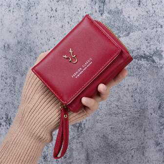 Nouveau portefeuille pour femme, portefeuille de style court en bois de cerf rouge, mini porte-monnaie à fermeture éclair, porte-cartes à rabat triptyque de dessin animé