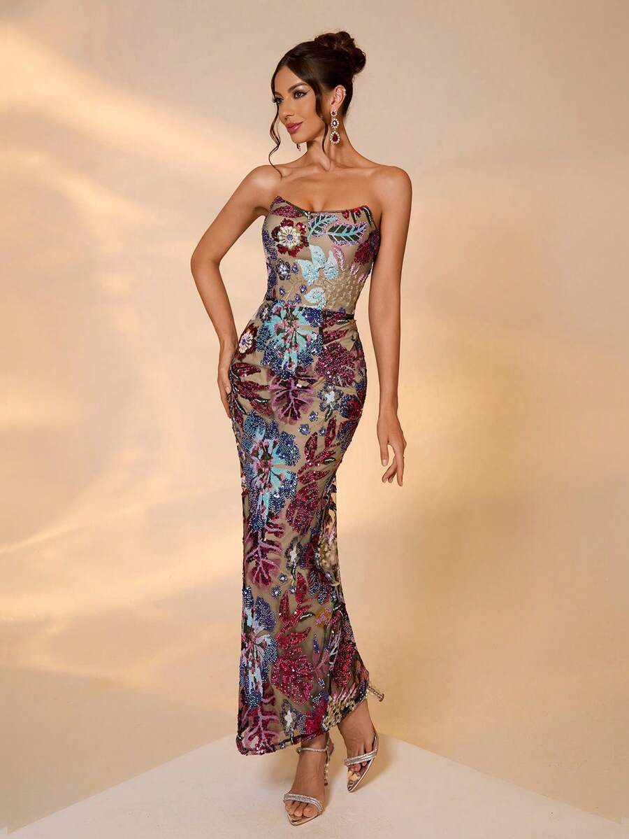 Váy dự tiệc trang trọng thanh lịch dành cho nữ có thêu và đính sequin