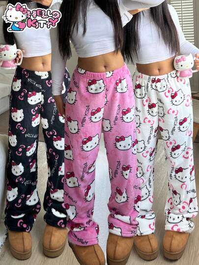 SANRIO 3pcs Hello Kitty Women's Plush Warm Lounge Pants, Cute & Comfortable For Autumn/Winter