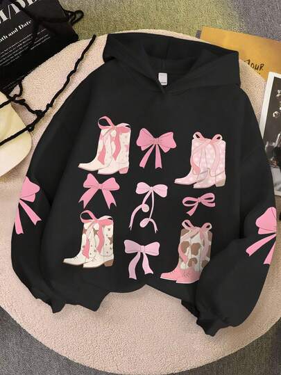 A Casual Cute Bowknot Printed Sweatshirt For Teen Girl, Hooded For Autumn And Winter Students, Long Sleeve Loose Fit Hooded