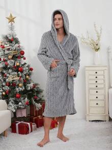 男士一件式柔软舒适提花抓绒长款连帽蓬松浴袍，带口袋，情侣款，加厚双层设计，适合秋冬季节穿着，温暖舒适