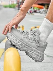 Men's Personalized Grey Patchwork Fashion Versatile Double Shoelace Niche Casual Sports Shoes, Street Style Comfortable Front Lace-Up Couple Running Shoes With Octopus Foot Design - Grey - View 6