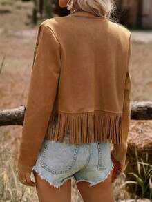 Women's Fashionable Vintage Rivet Fringe Jacket - Brown - View 3