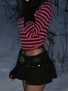 Womens Y2K Fairy Grunge Striped Long Sleeve T Shirt Gothic Skull Rhinestone Printed Round Neck Slim Fit Tee Shirts Crop Tops Fall E Girl Goth Emo Vintage Aesthetic Clothes Halloween Streetwear - 粉色 - 查看 5