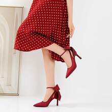 High Heels For Womens Bow Heels With Strappy Wedding Satin Shoes For Bride Closed Pointed Toe Stiletto Slingback Pumps Sexy Ankle Strap Prom Dressy Party Bridesmaid Shoes - 紅色 - 查看 6