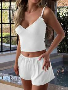 GAOVOT Women's Two Pieces Butter YellowY2K Sexy Pure Casual Solid Color V-Neck Strap Slim Shorts Suit