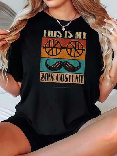 Camiseta de talla para mujeres, camiseta gráfica negra oversized con la frase This Is My 20's Costume, impresión vintage de bigote y gafas, top divertido y llamativo, atuendo casual de verano para mujeres, camisetas de verano, camisetas gráficas, atuendos de verano para mujeres, camisetas gráficas, tops cortos para mujeres, tops para mujeres, tops gráficos para mujeres, tops cortos para mujeres