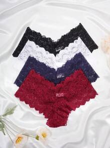 4pcs/Pack Plus Size Women Sexy Lace Trim Bikini Panty