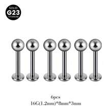 6 PCS Labret Piercing G23 Titanium ASTM-F136 Monroe Lip Stud Bar Earring Helix Cartilage Tragus Body Jewelry 16G 6/8/10mm - Silver - View 9