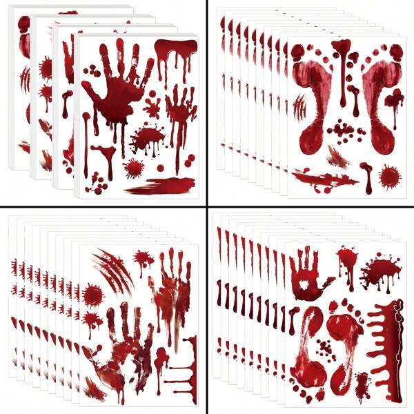 4 peças decalques de parede com pegadas e mãos sangrentas de terror para Halloween, adesivos autoadesivos com gotas de sangue assustadoras para decoração de parede, vidro e janela