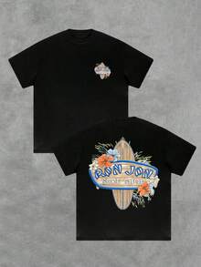Floral Surfboard Double Sided Digital Printed 220g T Shirt Casual 1pcs Men's Short Sleeve 100% Cotton Tee Summer Beach Style - 黑色 - 查看 1