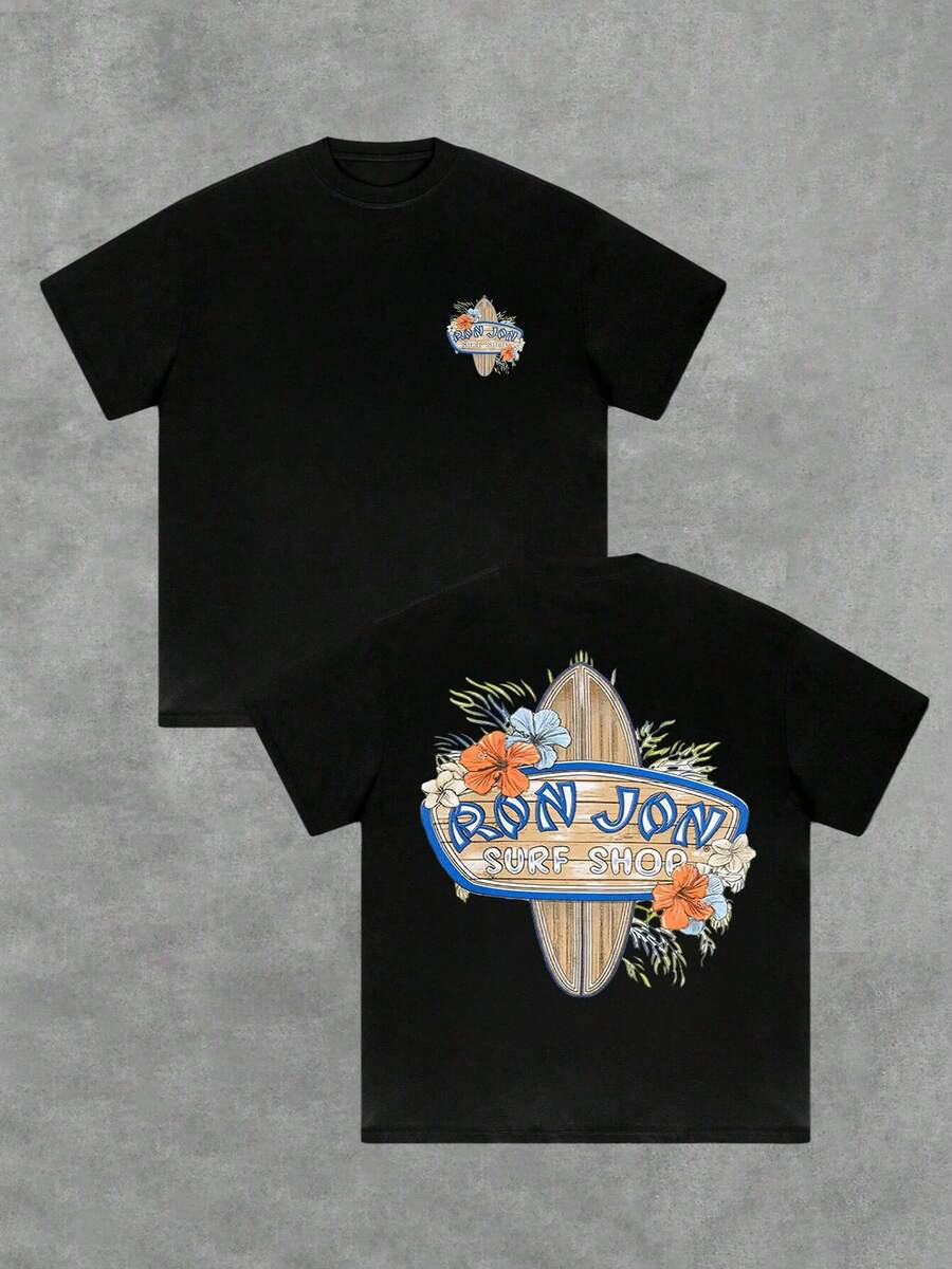 Floral Surfboard Double Sided Digital Printed 220g T Shirt Casual 1pcs Men's Short Sleeve 100% Cotton Tee Summer Beach Style - 黑色 - 查看 1