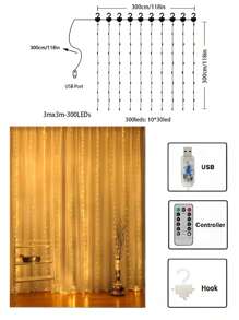 1 件 LED 铜线窗帘灯串 3*1 米 /3*2 米 /3*3 米 USB 遥控器带挂钩房间装饰灯氛围彩色灯串，情人节氛围装饰，适用于家庭、派对、节日、婚礼、生日、乡村、节日、季节性装饰、新年、春节 - 白色 - 查看 14