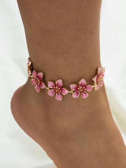 1pc Handmade Gradient Dip-Dye Pink 5-Petal Flower Anklet, Retro Vibe, Suitable For Vacation, Travel, Date, Daily Wear, Elegant Women Jewelry