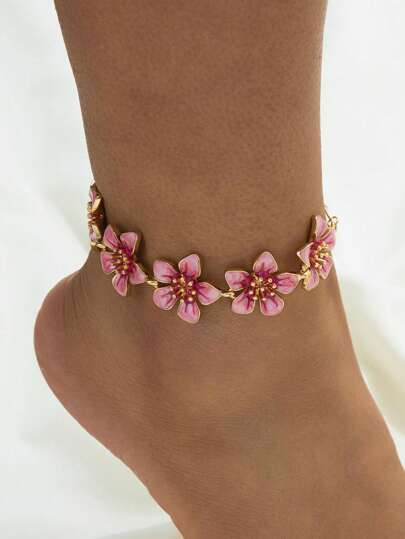 1pc Handmade Gradient Dip-Dye Pink 5-Petal Flower Anklet, Retro Vibe, Suitable For Vacation, Travel, Date, Daily Wear, Elegant Women Jewelry