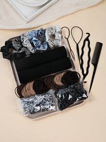 1109 件女孩发饰套装，基本款尼龙马尾辫发带，黑棕色缎面发圈，中性色弹力橡皮筋头带，辫子制作器发型工具套装头饰日常发饰 - 彩色 - 查看 1