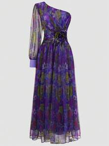 Magic Mia One-Shoulder Maxi Gown - 3D Hand-Sewn Feather Floral Applique Mesh Dress With High Slit & Fully Lined, Long Sleeves | Formal Evening Dress For Garden Parties/Beach Galas, Elegant And Romantic Style - 紫色 - 查看 4