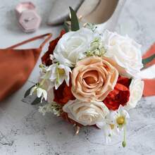 Dusty Blue Wedding Bouquets For Bride Bridesmaid, White Wedding Artificial Roses Flowers For Wedding Bouquets Ceremony, Anniversary - Burnt Orange - View 2