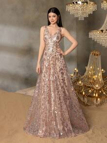 Alisa&Leo 优雅无袖 V 领 A 字形青少年礼服：非常适合庆典、选美、正式晚宴和红毯活动 - 带有花卉图案的精致晚装，适合舞会、初次登台舞会、慈善活动、颁奖典礼和豪华婚礼 - 香檳色 - 查看 1