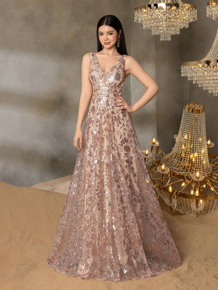 Alisa&Leo 优雅无袖 V 领 A 字形青少年礼服：非常适合庆典、选美、正式晚宴和红毯活动 - 带有花卉图案的精致晚装，适合舞会、初次登台舞会、慈善活动、颁奖典礼和豪华婚礼 - 香檳色 - 查看 1